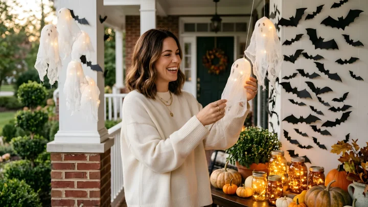 Handcrafted illuminated Halloween ghosts and lanterns arranged on a porch