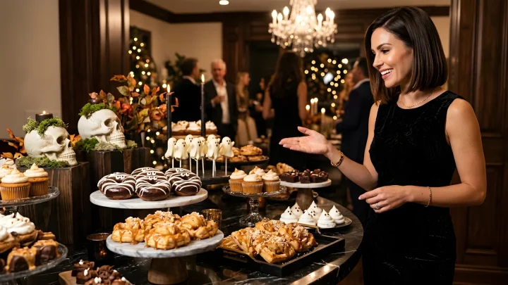 A festive spread of Halloween desserts including frosted monster bars, mummy doughnuts, and caramel apple treats