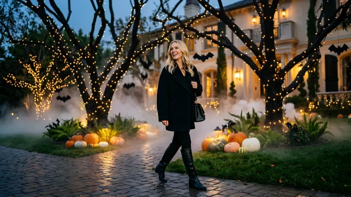 Illuminated outdoor Halloween tree decorated with glowing lights and spooky accents in a front yard