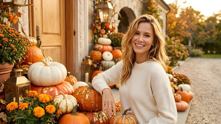Artfully decorated and carved pumpkins displayed on an autumn porch