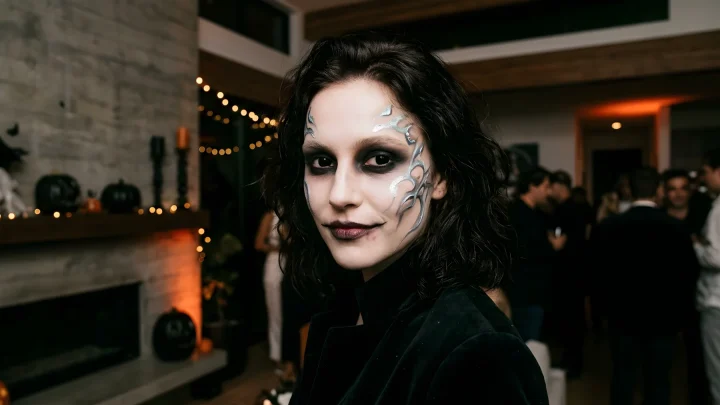 Artistic scary Halloween makeup featuring dark eye contouring and dramatic face art