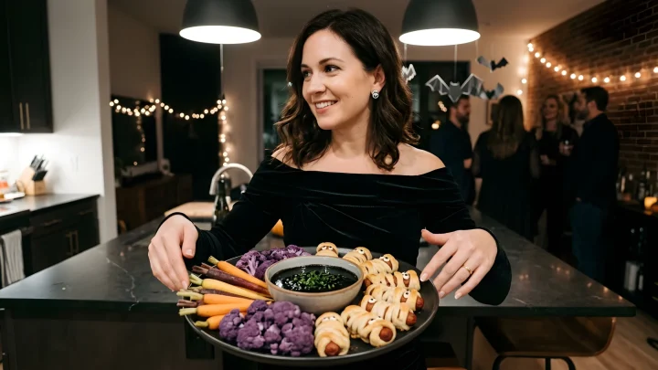 Curated spread of savory Halloween appetizers featuring festive finger foods and dark dipping sauces