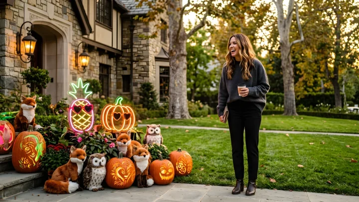Curated front yard Halloween decorations showcasing pop-culture trends and creative lighting