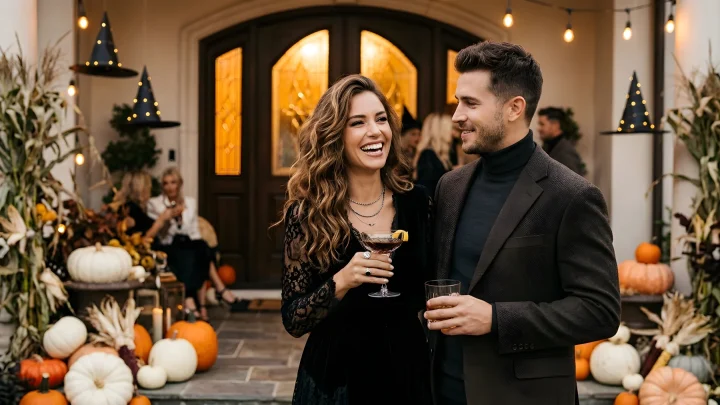Festive Halloween porch setup featuring carved pumpkins and ambient warm lighting