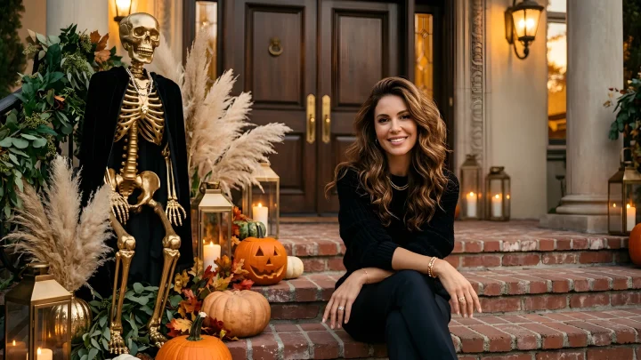 Halloween front porch decorated with lighted wreaths, pumpkins, and spooky accents