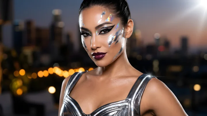 Halloween makeup design featuring futuristic metallic silver accents and dark gothic eyeliner