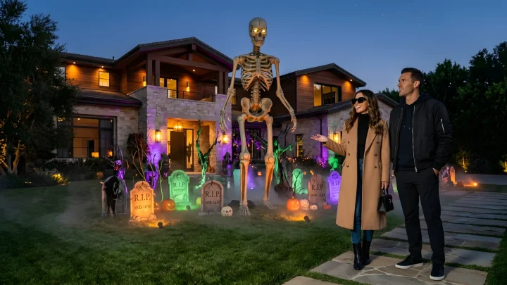 Illuminated Halloween yard decorations featuring skeletons and glowing pumpkins on an outdoor lawn