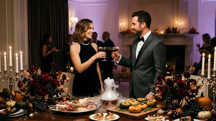 A creative Halloween party food display featuring spooky sliders, dark savory appetizers, and themed mocktails