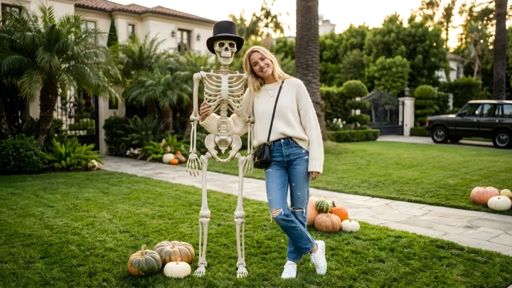 Life-size posable plastic skeleton secured upright on an outdoor lawn using hidden ground stakes and spine conduit.