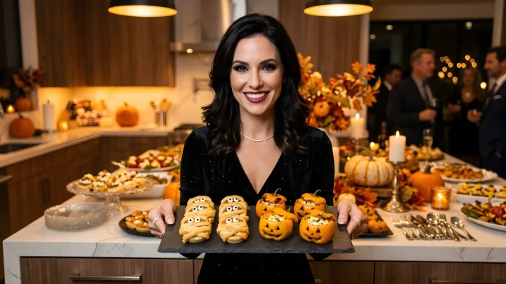 Festive Halloween food spread featuring savory appetizers, pumpkin dishes, and spooky themed desserts