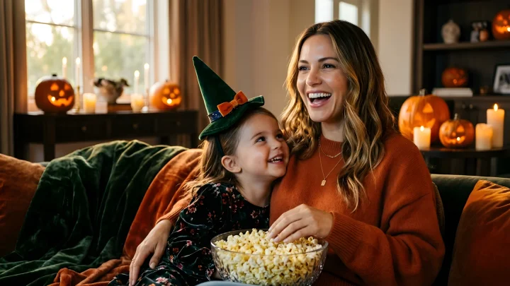 Family watching animated seasonal Halloween films together in a living room