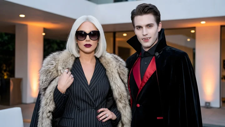 Gothic vampire Halloween aesthetic with dark cape and dramatic lighting