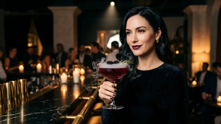 Gothic Halloween cocktail served in an ornate glass with dark garnishes