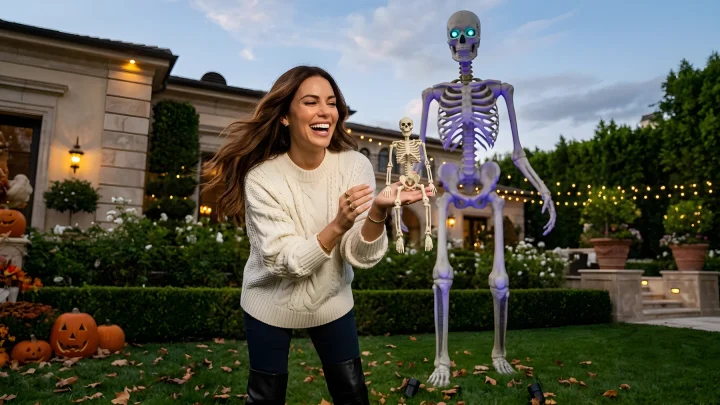 Massive 10-foot posable skeleton standing beside smaller animal skeleton props on an illuminated front lawn