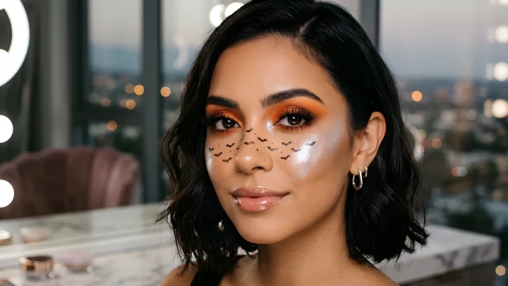 Model showcasing vibrant Halloween makeup with bat freckles and orange eyeshadow